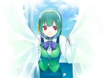  bow bowtie curtain_grab curtains green_hair headset idolmaster idolmaster_(classic) idolmaster_1 mole mole_under_mouth otonashi_kotori pencil_skirt petals red_eyes shigehiro_(hiroi_heya) short_hair skirt solo vest 