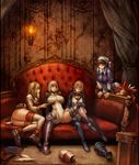  absurdres armor ass bad_id bad_pixiv_id blonde_hair book breasts brown_hair couch curtains fantasy_earth_zero feathers glasses green_eyes highres huge_breasts lamp large_breasts legs maid multiple_girls n.a. pouch red_eyes 