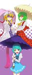  absurdres ascot evil_grin evil_smile fang green_hair grin hair_over_one_eye heterochromia highres karakasa_obake kazami_yuuka multiple_girls oriental_umbrella parasol plaid plaid_skirt plaid_vest purple_umbrella red_eyes shaded_face short_hair skirt skirt_set smile tatara_kogasa tears touhou trait_connection umbrella vest ww90055 yakumo_yukari you_gonna_get_raped 