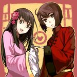  1girl ahoge axis_powers_hetalia bad_id bad_pixiv_id brown_eyes brown_hair changpao chinese_clothes flower heart hong_kong_(hetalia) long_hair long_sleeves obo plum_blossoms sleeves_past_wrists taiwan_(hetalia) 