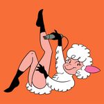  black_eyes caprine droopy female leggy_lamb looking_at_viewer mammal orange_backgroud orange_background pinup plain_background pose shearing sheep smile solo unknown_artist wool 