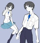  1girl blue_eyes dual_persona genderswap genderswap_(mtf) ikari_shinji neon_genesis_evangelion ro-a short_hair skirt 