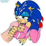  areola big_breasts blue_hair breasts crossgender cum cum_on_face disembodied_penis duo ear_piercing erect_nipples erection female green_eyes habbodude hair handjob hedgehog hi_res male mammal nipple_piercing nipples orgasm penis piercing sega sex slashysmiley sonic_(series) sonic_the_hedgehog straight 