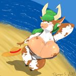  bikini bovid bovine breasts cattle claevage cleavage clothed clothing female green_hair hair hat hooves horn huge_breasts mammal sea solo standing swimmsuit swimsuit sysygy tight_clothing voluptuous water 