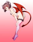  blush bra brown_hair covered_nipples demon_girl demon_tail demon_wings flat_chest garter_belt glasses horns lace lace-trimmed_thighhighs looking_at_viewer original penis_tail purple_legwear red_eyes short_hair solo soubee1 tail thighhighs underwear wings 