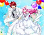  1girl balloon blue_eyes blush bouquet bridal_veil caro_ru_lushe chair cloud dress elbow_gloves erio_mondial flower gloves hagane_soushi hair_flower hair_ornament long_hair long_sleeves lyrical_nanoha mahou_senki_lyrical_nanoha_force musical_note pink_hair purple_eyes red_hair short_hair sky tuxedo veil wedding wedding_dress 