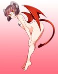  arched_back barefoot bent_over blush bottomless bra brown_hair covered_nipples demon_girl demon_tail demon_wings flat_chest from_side glasses gradient gradient_background hands_on_own_knees horns looking_at_viewer original penis_tail red_background red_eyes short_hair solo soubee1 tail underwear wings 