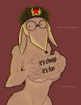  5_fingers breasts covering covering_breasts english_text eyewear female glasses hat holding_object holding_sign looking_at_viewer nude sign simple_background solo sovietwomble text under_boob womble youtuber 