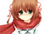  arms_behind_back asakura_yume blush brown_hair da_capo da_capo_ii green_eyes hair_ribbon ribbon scarf short_hair simple_background smile solo suzune_rena white_background 