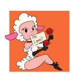  bare_shoulder black_eyes caprine choker collar droopy female holding_sign leggy_lamb looking_at_viewer mammal maracas orange_backgroud orange_background plain_background ruffles sheep sign solo text unknown_artist wool 