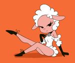  1girl bare_shoulder bare_shoulders bell bell_collar black_eyes caprine collar cowbell droopy highres laced_boots leggy_lamb looking_at_viewer mammal orange_backgroud orange_background pink_skin pinup plain_background pose sheep sheep_girl solo unknown_artist 