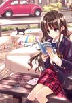  bag bench black_cat black_legwear blazer book brown_hair car cat earbuds earphones english ground_vehicle heart jacket kneehighs long_hair motor_vehicle open_bag open_book open_clothes open_jacket original plaid plaid_skirt purple_eyes rainbow_text road sitting skirt solo street tsukigami_runa volkswagen volkswagen_beetle 