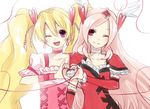  ;) ;d bad_id bad_pixiv_id blonde_hair choker couple cure_passion cure_peach fresh_precure! hair_ornament heart heart_hair_ornament heart_hands heart_hands_duo higashi_setsuna hijiki_(hijikini) long_hair momozono_love multiple_girls one_eye_closed open_mouth pink_choker pink_eyes pink_hair precure simple_background smile twintails white_background white_choker yuri 