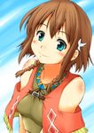  amy_(suisei_no_gargantia) bare_shoulders blue_eyes blush braid brown_hair fringe_trim hair_ornament hairclip ranshin short_hair smile solo suisei_no_gargantia upper_body 