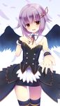  :d bad_id bad_pixiv_id black_wings blush brown_eyes feathers hair_ornament hairclip hand_on_own_chest idolmaster idolmaster_cinderella_girls kanora koshimizu_sachiko open_mouth outstretched_hand purple_hair short_hair smile solo thighhighs wings wrist_cuffs 