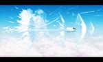  above_clouds asgr bed black_hair blanket cloud condensation_trail flying highres letterboxed nose_bubble original scenery sky sleeping solo sonic_boom translated 