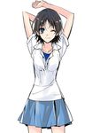  arms_up blue_eyes genderswap genderswap_(mtf) ikari_shinji neon_genesis_evangelion one_eye_closed ro-a short_hair skirt smile solo 