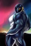  anthro aurora_borealis avian beak biceps bird black_body brown_eyes butt emperor_penguin feathers looking_at_viewer looking_back male muscles nude pecs penguin pose solo standing tesso white_body 