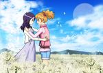  blonde_hair blue_sky blurry blush casual cloud couple day depth_of_field dress eas eye_contact field flower flower_field fresh_precure! hand_on_shoulder higashi_setsuna hug light_smile looking_at_another momozono_love mountain multiple_girls ouki_shinobu outdoors petals pink_vest precure purple_hair shorts sky spider_lily vest when_you_see_it yuri 