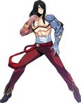  asymmetrical_limbs belt black_hair boots character_request fearless_night fighting_stance hair_over_one_eye highres long_hair male_focus muscle pants pectorals sarashi scar shirtless solo spike_wible steam transparent_background 