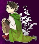  ankle_boots black_hair boots capri_pants flipped_hair flower full_body hood hoodie kamen_rider kamen_rider_w legs_folded legs_together long_sleeves looking_at_viewer looking_back male_focus open_mouth pants philip_(kamen_rider) plant purple_background red_footwear silhouette simple_background sitting solo yakisoba14 