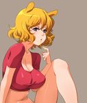  animal_ears bear_ears blonde_hair bottomless breasts brown_eyes cleavage crop_top disney finger_to_mouth genderswap genderswap_(mtf) grey_background honey huge_breasts messy_hair naso4 parted_lips personification pooh sexually_suggestive shirt short_hair simple_background sitting solo taut_clothes taut_shirt trail winnie_the_pooh 