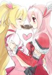  arms_around_waist bad_id bad_pixiv_id blonde_hair blush choker closed_eyes couple cure_passion cure_peach doughnut eating food fresh_precure! hair_ornament happy heart heart_hair_ornament higashi_setsuna hijiki_(hijikini) hug long_hair momozono_love multiple_girls pink_choker pink_hair precure profile red_eyes shared_food simple_background sketch smile white_background white_choker yuri 