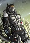 belt biceps big_muscles black_nose blush briefs bulge canine chain collar eyewear fur gloves goggles grey_fur grey_hair gun hair lokya looking_at_viewer male mammal muscles pecs pose ranged_weapon red_eyes rope scar solo standing toned topless underwear weapon wolf 