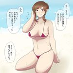  akiharu_(nonomosu) axis_powers_hetalia beach bikini brown_hair france_(hetalia) genderswap genderswap_(mtf) hair_bun long_hair micro_bikini purple_eyes solo swimsuit translation_request 