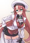  aqua_hair aty_(summon_night) bad_id bad_pixiv_id beret blush boots breasts cape coat cravat glasses gloves gradient_hair green_eyes green_hair hand_on_hip hat large_breasts leaning leaning_forward long_hair matsuryuu multicolored_hair red-framed_eyewear red_hair skirt smile solo summon_night summon_night_3 summon_night_5 thigh_boots thighhighs two-tone_hair white_legwear 