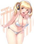  :d bad_id bad_pixiv_id bikini blonde_hair breasts cleavage headphones highres jewelry kamiyama_aya large_breasts leaning_forward navel necklace nitroplus open_mouth plump short_twintails smile solo star super_pochaco swimsuit thighs twintails yellow_eyes 