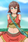  amy_(suisei_no_gargantia) bare_shoulders blush braid brown_hair cloud day fringe_trim green_eyes hair_ornament hairclip highres navel ocean rabinidaddo short_hair skirt sky solo spread_legs suisei_no_gargantia 