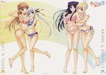  4girls ;d absurdres arm_around_waist armpits ass asymmetrical_docking bare_legs bare_shoulders barefoot bertille_althusser bikini black_hair blonde_hair blue_bikini blue_eyes blue_hair blush bow breast_press breasts brown_hair cleavage curly_hair embarrassed feet female flat_chest front-tie_top game_cg hair_bow hair_bun happy highres hug hug_from_behind komori_kei large_breasts lavender_hair leg_lift leg_up lisa_eostre long_hair multiple_girls navel noel_maresse_ascot one_eye_closed open_mouth pink_bikini purple_eyes red_bikini red_eyes risa_eostole ryuzoji_akane scan shy side-tie_bikini silver_hair small_breasts smile strap_gap swimsuit toes twintails very_long_hair walkure_romanze wink yuri 