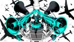  aircraft airplane ayan bad_id bad_pixiv_id bird floating_hair gloves green_eyes green_hair hatsune_miku headset highres koi_wa_sensou_(vocaloid) long_hair megaphone necktie pantyhose silhouette skirt solo twintails very_long_hair vocaloid 