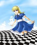  absurdres alice_(megami_tensei) bad_id bad_pixiv_id bangs blonde_hair blue_dress blue_eyes blunt_bangs bow bowtie devil_summoner devil_survivor_2 dress hair_bow hair_ribbon highres long_hair mary_janes megami_ibunroku_devil_survivor megami_tensei obi persona petticoat puffy_short_sleeves puffy_sleeves ribbon sash shin_megami_tensei shoes short_sleeves solo 