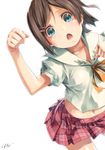  :o bad_id bad_pixiv_id blue_eyes brown_hair collarbone hair_ornament hairclip hentai_ouji_to_warawanai_neko. looking_at_viewer midriff open_mouth paw_pose puffy_sleeves re_lucy school_uniform shirt short_hair short_sleeves simple_background skirt solo tsutsukakushi_tsukiko white_background 