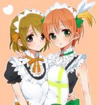  apron blush brown_hair green_eyes hand_on_another's_hip hand_on_another's_shoulder highres hoshizora_rin koizumi_hanayo love_live! love_live!_school_idol_project maid maid_headdress mogyutto_&quot;love&quot;_de_sekkin_chuu! multiple_girls open_mouth purple_eyes red_hair short_hair smile sorimachi-doufu 