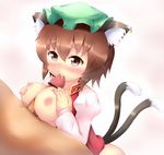  alternate_breast_size animal_ears blush bottomless breasts brown_eyes brown_hair cat_ears cat_tail censored chen cum cum_in_mouth hat kane-neko large_breasts male_pubic_hair nipples paizuri penis pubic_hair short_hair solo_focus tail touhou 