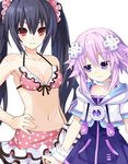  2girls artist artist_request breast_envy breasts choujigen_game_neptune compile_heart female hair_ornament highres idea_factory multiple_girls navel neptune_(choujigen_game_neptune) neptune_(series) noire open_\m/ purple_eyes red_eyes staring swimsuit twintails 
