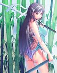  ass bamboo black_eyes black_hair competition_swimsuit fire_emblem fire_emblem:_kakusei from_behind harihisa headband highres long_hair looking_back one-piece_swimsuit over_shoulder sairi_(fire_emblem) sheath solo swimsuit sword sword_over_shoulder weapon weapon_over_shoulder 