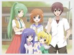  4girls :d bad_id bad_pixiv_id blonde_hair blue_eyes bow bowtie brown_hair building crossed_arms day dress dress_shirt fang furude_rika grass green_eyes green_hair grin hairband highres higurashi_no_naku_koro_ni holding_hands houjou_satoko interlocked_fingers long_hair looking_at_viewer maebara_keiichi migihidari multiple_girls neckerchief necktie one_eye_closed open_mouth orange_hair outdoors ponytail purple_eyes ryuuguu_rena school school_uniform serafuku shirt short_hair short_sleeves skirt smile sonozaki_mion standing suspenders vest 