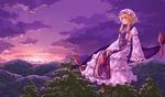  blonde_hair cloud dress forest gap hair_ribbon hat hat_ribbon landscape long_sleeves mountain nature purple_eyes purple_sky ribbon scenery sitting smile solo sunset table touhou tree tress_ribbon wasabichan white_dress wide_sleeves yakumo_yukari 