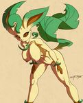  4_fingers anthro anthrofied beige_background bent_over big big_breasts blush breasts brown_fur brown_nose brown_skin canine dog eeveelution eyelashes female fur hair happy hi_res huge_breasts japanese lagomorph leaf leafeon long_hair looking_at_viewer mammal nintendo nipples nude open_mouth plain_background pok&#233;mon pok&eacute;mon pussy rabbit rodent scificat smile solo spread_legs spreading teeth video_games yellow_fur 