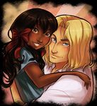  1girl axis_powers_hetalia blonde_hair blue_eyes brown_eyes brown_hair dark_skin dimple facial_hair france_(hetalia) grin hair_ribbon hug long_hair looking_at_viewer nose ribbon seychelles_(hetalia) smile stubble tiuana_rui twintails 