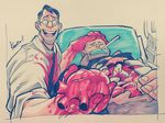  archimedes_(team_fortress_2) bad_id bad_pixiv_id bird blood candy doctor dove food glasses heart_(organ) holding holding_heart kotteri lollipop male_focus multiple_boys necktie open_mouth signature surgery team_fortress_2 the_heavy the_medic 