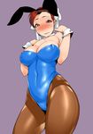  animal_ears bad_id bad_pixiv_id bare_shoulders blush breasts brown_hair bunny_ears bunnysuit chun-li covered_navel cuff_links curvy highres large_breasts looking_down ojo_(dfreak) pantyhose purple_background red_eyes short_hair simple_background solo street_fighter sweatdrop thick_thighs thighs 