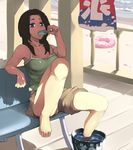  bad_id bad_pixiv_id barefoot beach bench blue_eyes brown_hair bucket camisole feet_on_chair food highres kooribata legs long_hair nishimuku_meri original popsicle shade shorts sitting soaking_feet solo strap_slip water 