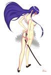 1girl apron ass breasts busujima_saeko highres highschool_of_the_dead large_breasts long_hair naked_apron no_bra purple_hair simple_background smile solo thong 