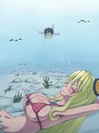  1girl awa bikini black_hair blonde_hair blush breasts cleavage closed_eyes fish freediving fuji-san jewelry large_breasts long_hair mermaid micro_bikini monster_girl mukoujima_takurou namiuchigiwa_no_muromi-san navel necklace smile spiked_hair swimming swimsuit underwater very_long_hair 