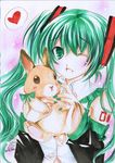  bad_id bad_pixiv_id bunny canna_mirai detached_sleeves green_eyes green_hair hatsune_miku heart long_hair marker_(medium) nail_polish one_eye_closed pastel_(medium) solo traditional_media twintails vocaloid 